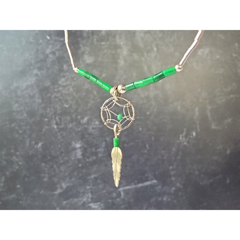 Liquid Silver Green Turquoise Beaded Dream Catcher Pendant Necklace Vintage